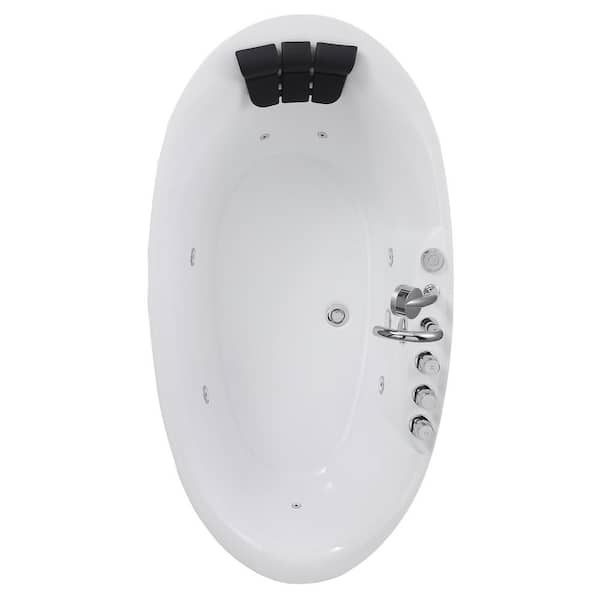 59 in. Center Drain Acrylic Freestanding Flatbottom Whirlpool Bathtub in White with Faucet - Water Jets