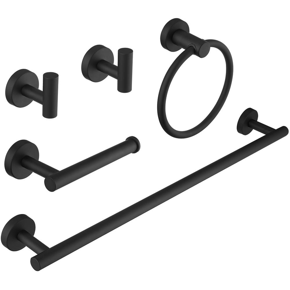 Bathroom Hardware Set 5-Piece Bath Hardware Set with Towel Bar,Towel Ring, Robe Hook, Toilet Paper Holder in Black -  HOMEMYSTIQUE, NBHS015B