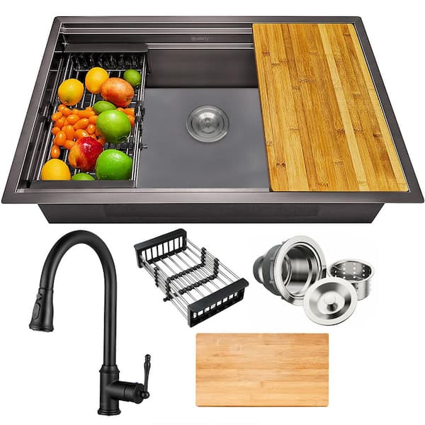 All-in-One 32 in. x 18 in. Undermount Single Bowl Gunmetal Black Stainless Steel Kitchen Sink with Pull-down Faucet
