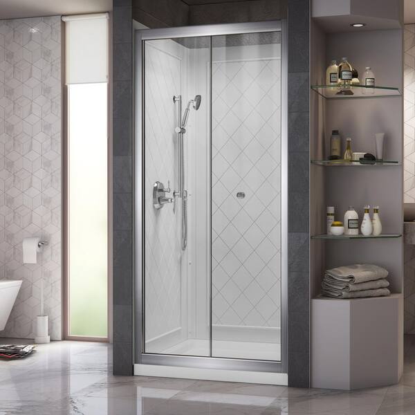 DreamLine Butterfly 32 in. x 32 in. x 76.75 in. Semi-Frameless Bi-Fold Shower Door in Chrome with Center Drain Base and Backwalls