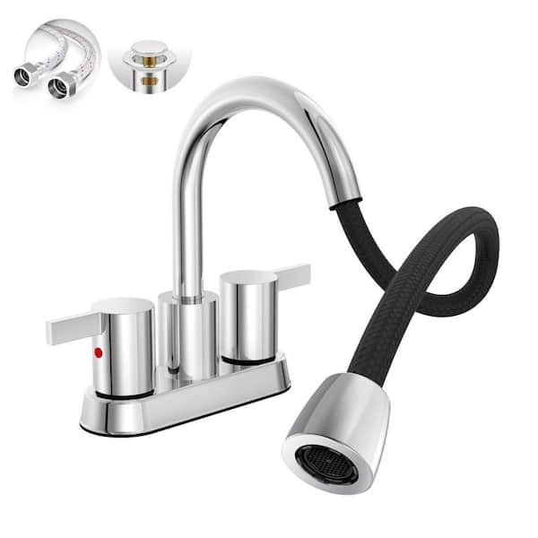 2 handles Pull Down Sprayer Chrome 4 in. Centerset Bathroom Faucet, 3 Hole Pull Out Bathroom Sink Faucet