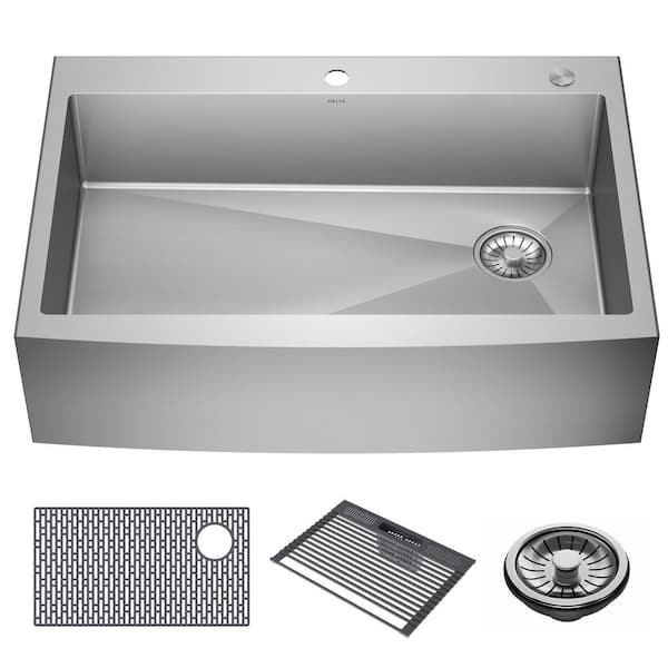 Delta Lenta 16 Gauge Stainless Steel 33 in Single Bowl Farmhouse Apron Front Kitchen Sink with Accessories