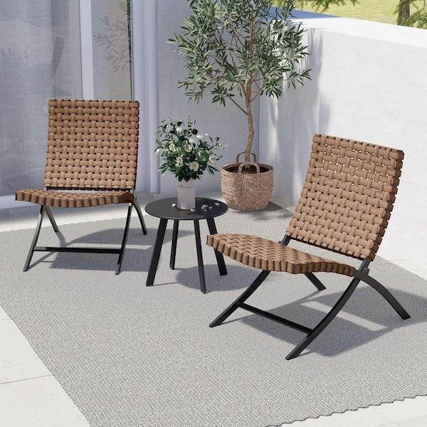 3-Piece Outdoor Bistro Set 2 Patio Foldable Chairs and Round Side Table for Balcony Leather Texture Wicker Furniture Set