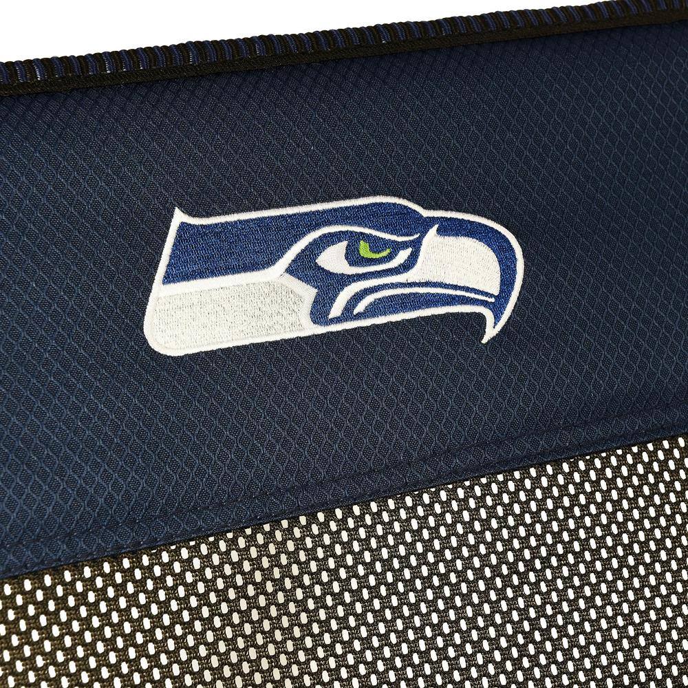 Close-up of the Seattle Seahawks logo embroidered on navy blue rip-stop fabric.