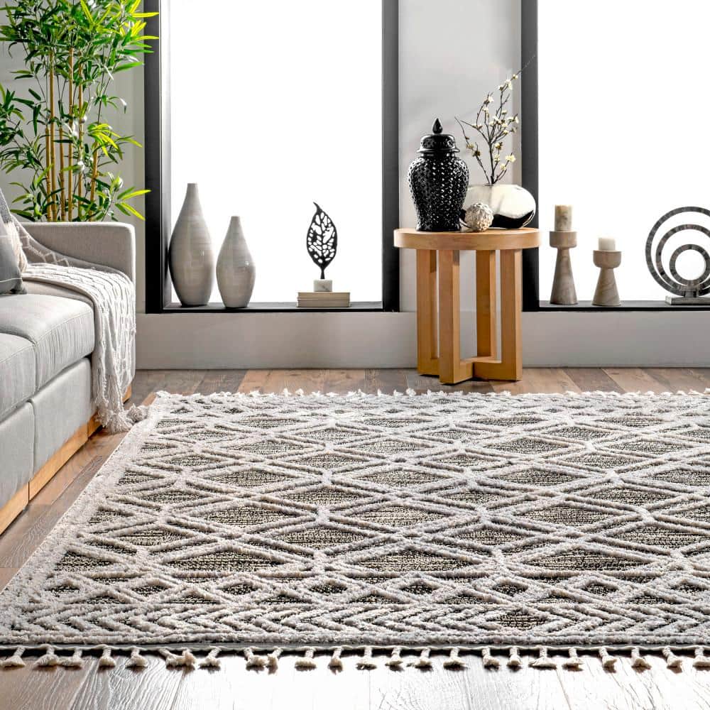 Grey Moroccan Lattice Tassel Runner Rug 2' x 6'