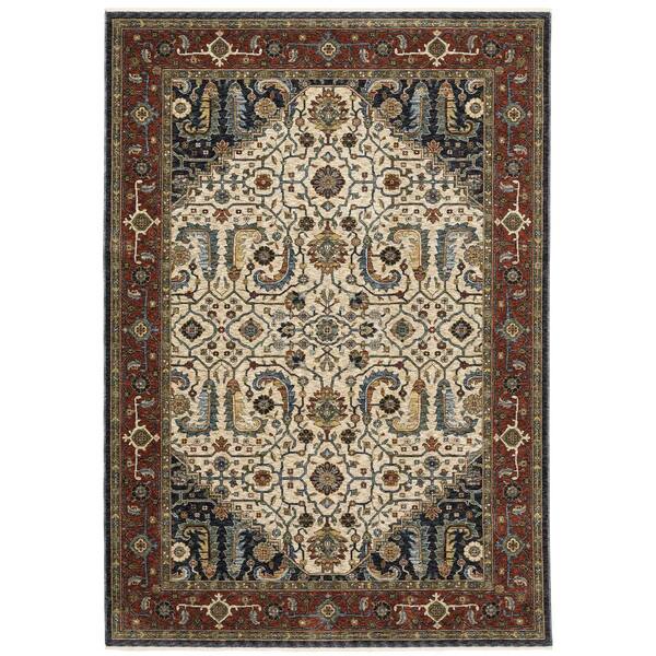 AVERLEY HOME Ambrose Ivory/Red 8 ft. x 11 ft. Classic Persian Medallion Polyester Fringe Edge Indoor Area Rug