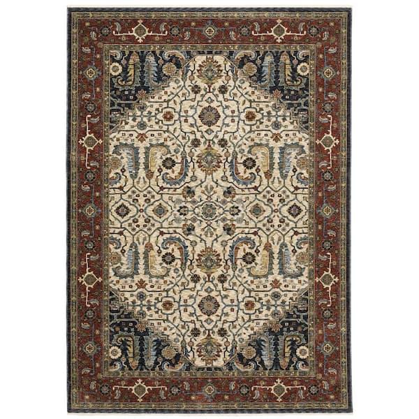 AVERLEY HOME Ambrose Ivory/Red 5 ft. x 8 ft. Classic Persian Medallion Polyester Fringe Edge Indoor Area Rug