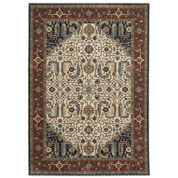 AVERLEY HOME Ambrose Ivory/Red 7 ft. x 10 ft. Classic Persian Medallion Polyester Fringe Edge Indoor Area Rug