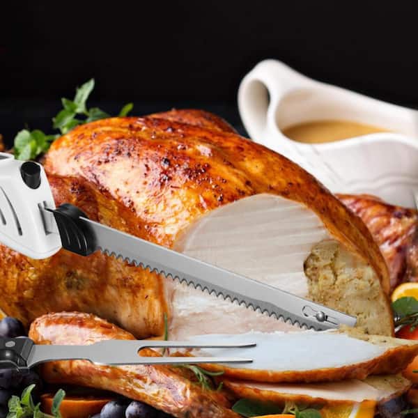 6.3 in. White Stainless Steel Electric Knife Set with 2 Blades, Fork for Meat Slicing, Poultry, Bread, Fruits