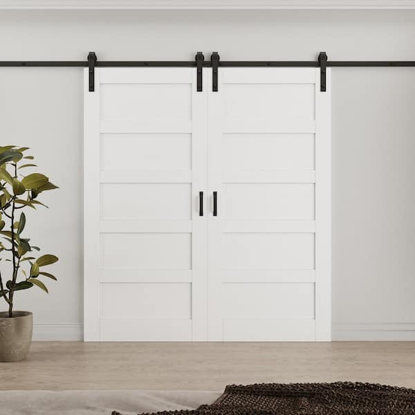72 in. x 96 in. Waterproof 5 Panel White MDF Easy Install Sliding Barn Door Slab with Hardware Kit and Soft Close