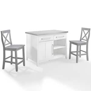 Silvia White Kitchen Island with Stainless Steel Top and X-Back Stools