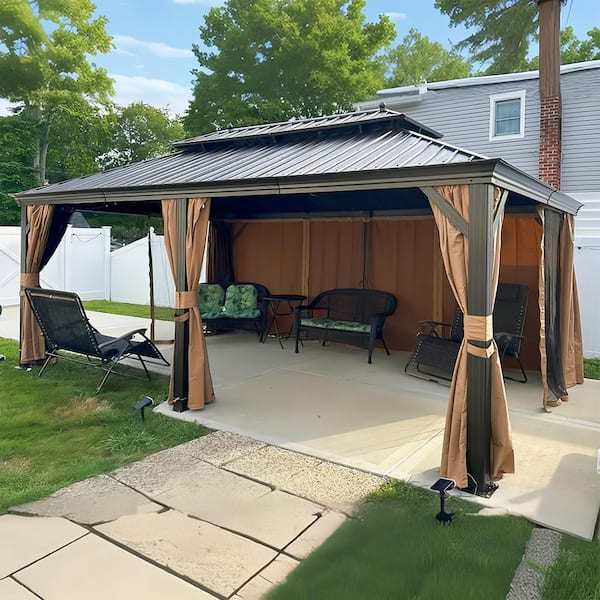 PURPLE LEAF 12 ft.x 20 ft.Bronze Aluminum Power-Coated Frame Galvanized Steel Double Roof Hardtop Gazebo,Hooks,Netting,Khaki Curtain