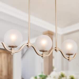 Brass Gold Chandelier 3-Light Modern Glam Linear Island High Ceiling Light with Globe Frosted Glass Shades