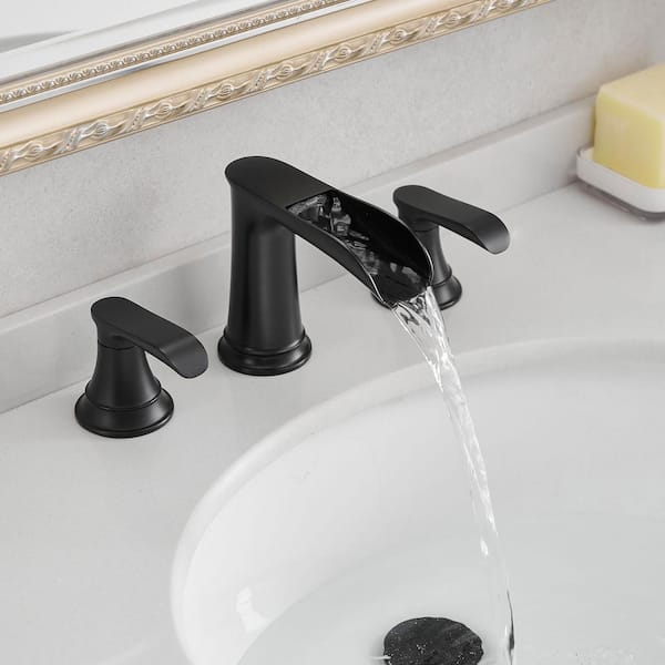 Waterfall 8 in. Widespread Double Handle Brass Bathroom Faucet with Pop Up Drain and Water Supply Hoses in Matte Black