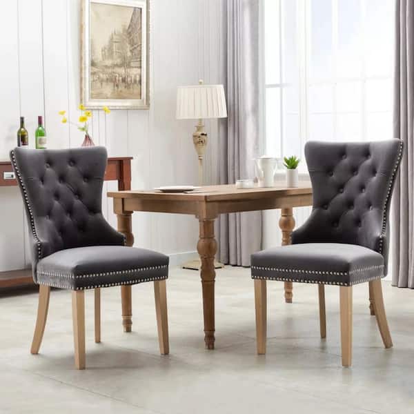 Home Beyond Troyes Tufted Wingback Upholstered Dining Chairs with Nailhead Trim and Wooden Legs in Light Dark Gray (Set of 2)