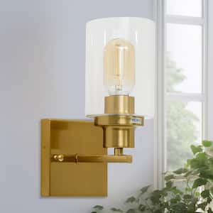 4 in.Brushed Gold 1-Light Wall Sconce Light with Clear Glass Shade, Vanity Lighting over Mirror