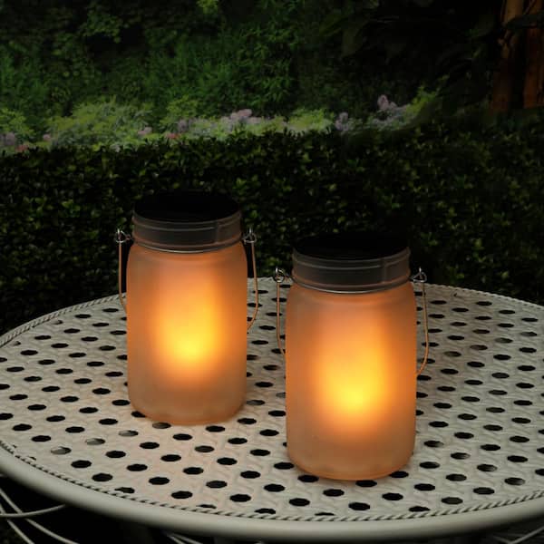 Outdoor Solar Powered Pathway Lantern Flickering LED Light Jars, LED Solar Decor, Set of 2