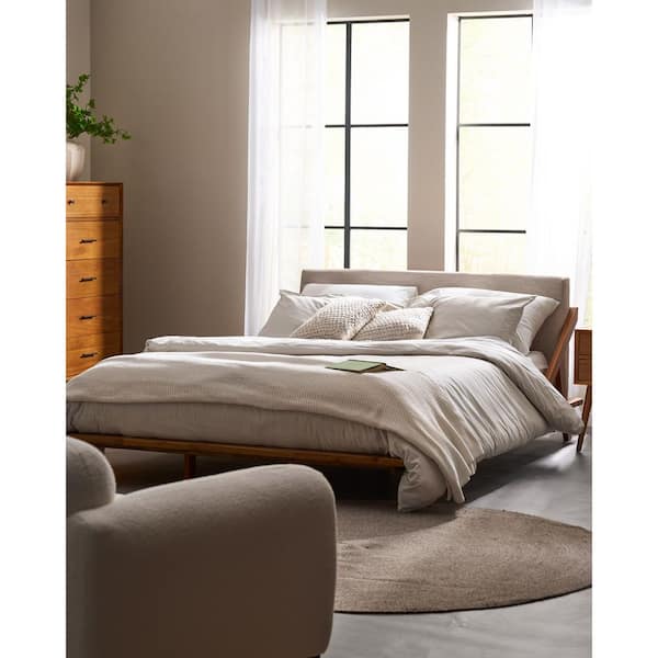CHRISTOPHER KNIGHT HOME Zephyr Modern Beige Fabric Upholstered Acacia Wood Frame Queen Size Platform Bed, Natural Brown