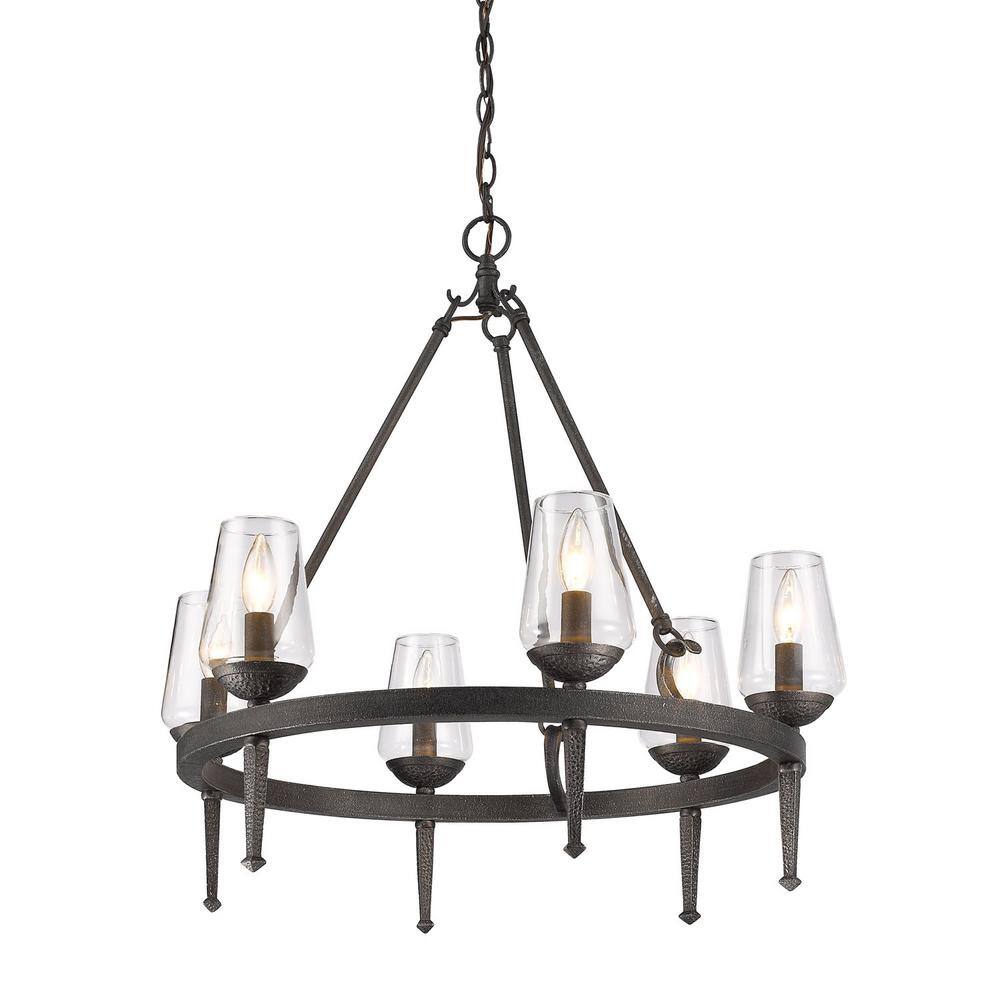 Rustic Black Iron 6-Light Chandelier with Clear Glass Shades