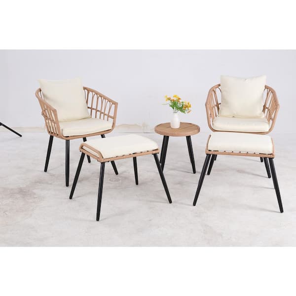 5 Pieces Wicker Patio Conversation Set, Furniture Set with Beige Cushions for Garden