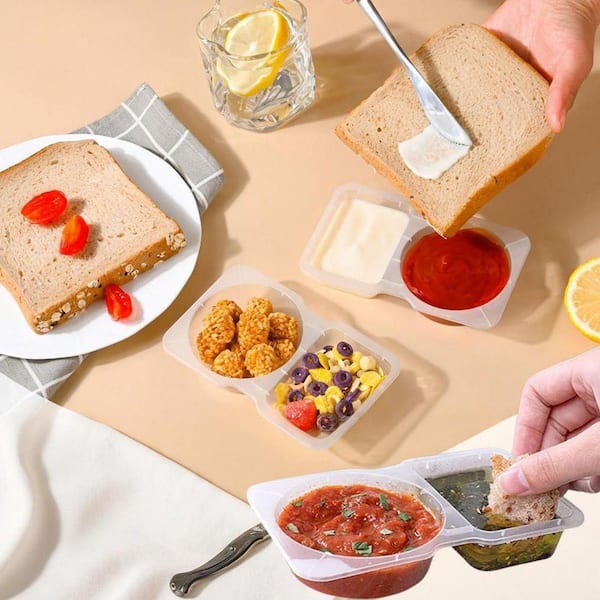 2.6 oz. Clear Plastic Portion Cup Double Compartment Food Storage Container with Lids Leak-Proof Stackable 20-Pack