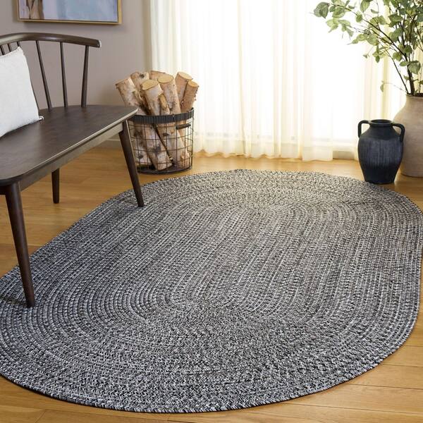Braided 4 x 6 Black/Ivory Basket Weave Washable Oval Rug
