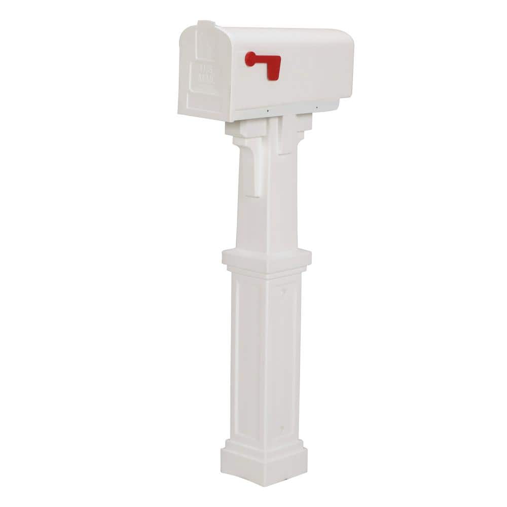White Medium Plastic Post Mount Mailbox with Red Flag