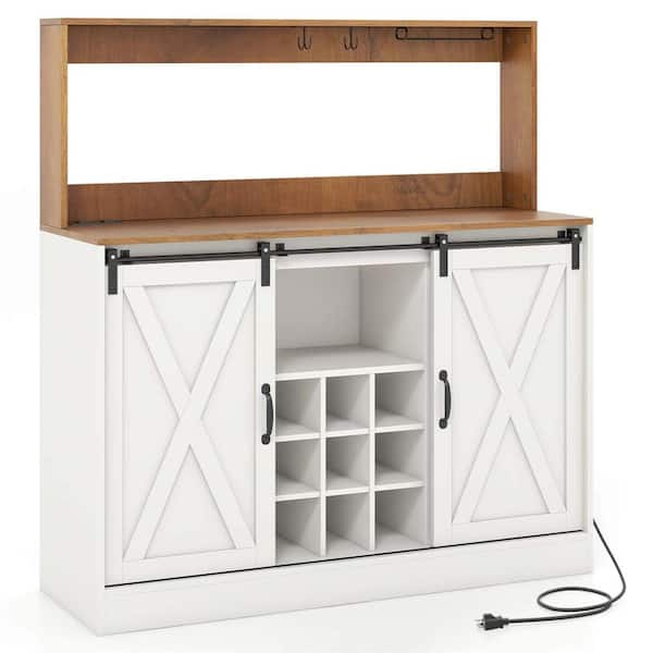 9-Bottle White 47.5 in. Farmhouse Coffee Bar Cabinet with Charging Station Glass Cup Holders Hutch