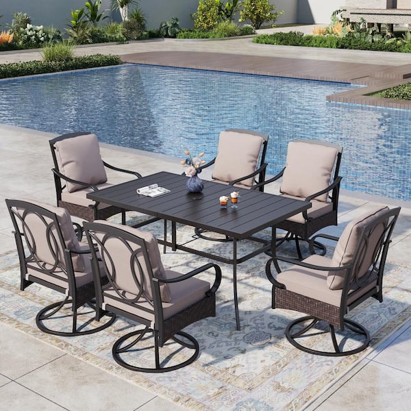 PHI VILLA 7-Piece Metal Outdoor Dining Set with Wicker Swivel Chairs with Beige Cushions