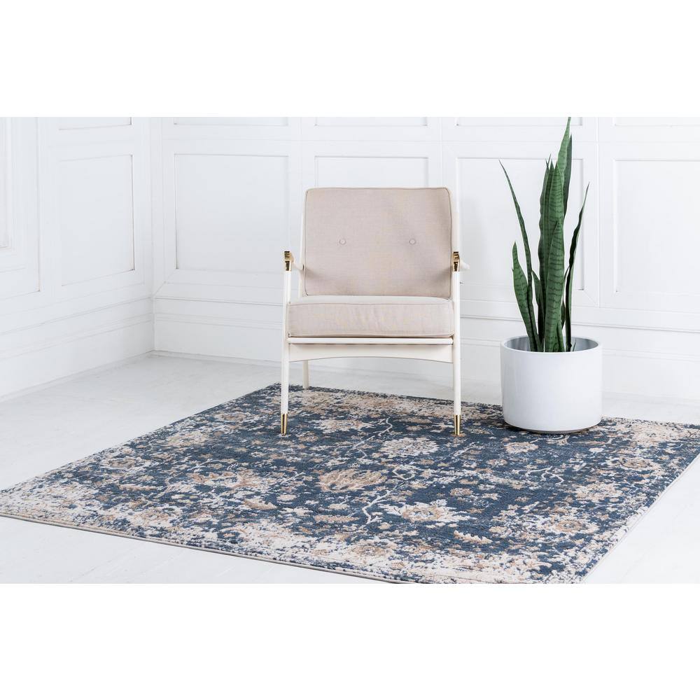 Modern Blue Square Indoor Easy-Care Stain-Resistant Rug