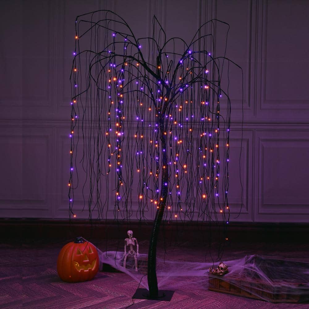 2' Purple and Orange LED Halloween Willow Bonsai Tree
