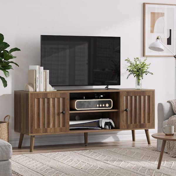 Walnut 55 in.TV Stand Entertainment Center Fits TVs up to 65 in.w/ 2-Vertical Groove Doors and Adjustable Storage Shelve