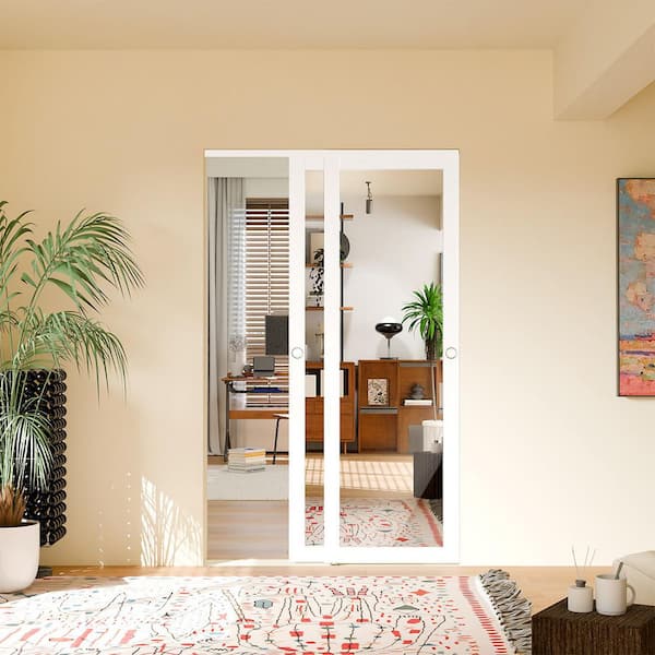 72 in. x 80 in. 1-Lite Mirrored Glass Solid Core White Primed MDF Double Sliding Door with Handle and Hardware Kit Set