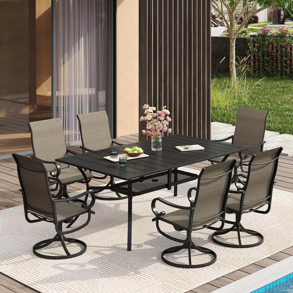 7-Piece Patio Dining Set with 59.2 in. x 37.8 in. Black Metal Rectangular Table and 6-Brown Textilene Swivel Chairs