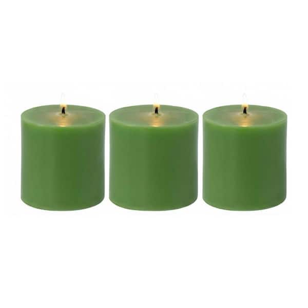 Green Unscented Smokeless Dripless Wax Single Wick Pillar Candle 3-Pack