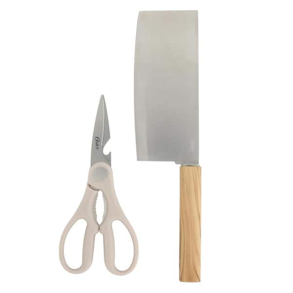 2 Piece Stainless Steel Cleaver and Scissor Set with Faux Wood Handles