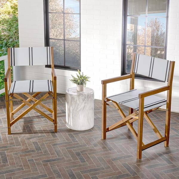 JONATHAN Y Cukor Vintage Outdoor Acacia Wood Folding Director Chair with Canvas Seat, White/Black Stripe/Teak Brown (Set of 2)