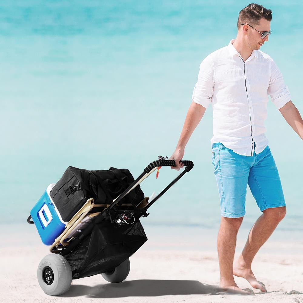 Black Steel Folding Beach Cart with Balloon Wheels