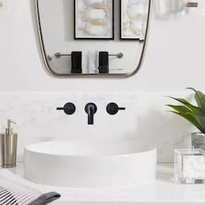 Wall Mount Double Handle Elegant Spout Bathroom Faucet in Solid Brass, Matte Black