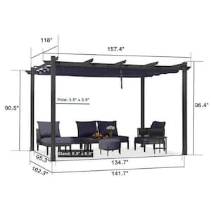 10 ft. x 13 ft. Navy Blue Aluminum Outdoor Retractable Gray Frame Pergola with Sun Shade Canopy Cover