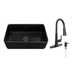 Black Fireclay 30 in. Single Bowl Farmhouse Apron Kitchen Sink with Faucet and Accessories All-in-one Kit