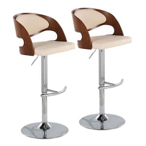 Pino 42.5 in. Adjustable Bar Stool in Cream Faux Leather and Chrome with Walnut Wood (Set of 2)