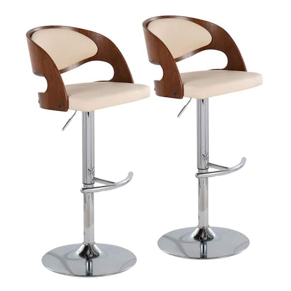 Lumisource Pino 42.5 in. Adjustable Bar Stool in Cream Faux Leather and Chrome with Walnut Wood (Set of 2)