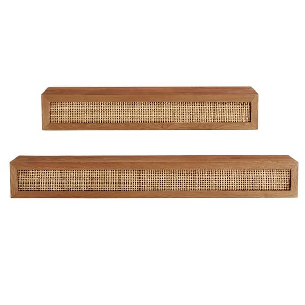 StyleWell 4 in. H x 32 in. W x 6 in. D Natural Wood Floating Wall Shelf with Caning Detail (Set of 2)