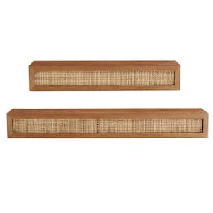 Natural Wood Floating Wall Shelves with Rattan Caning Detail (Set of 2)