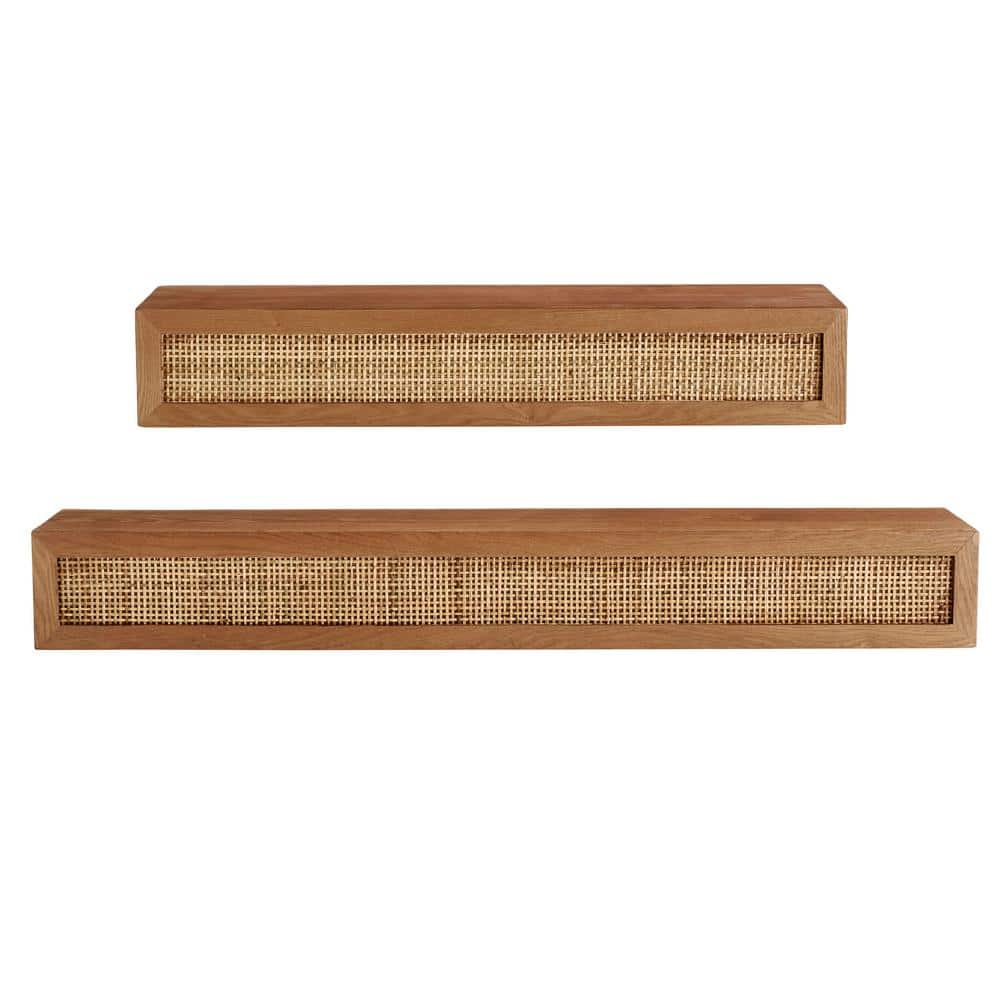Natural Wood Floating Wall Shelves with Rattan Caning Detail