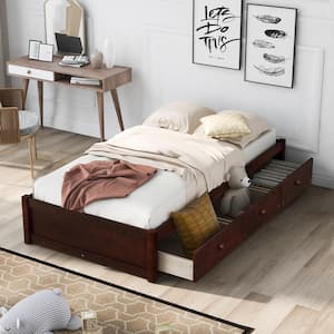 Dark Brown Wood Twin Size Platform Storage Bed with 3-Drawers