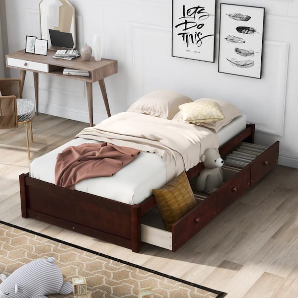 J&E Home Dark Brown Wood Twin Size Platform Storage Bed with 3-Drawers