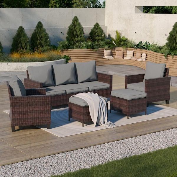 Sonkuki 5-Piece Outdoor Furniture Set, All-Weather PE Brown Rattan Wicker Movable Sofa Sets, Soft Cushions, Linen Grey
