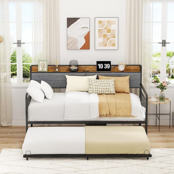 Black Iron Twin Size Daybed withTrundle, Upholstered Storage Headboard and Charging Station